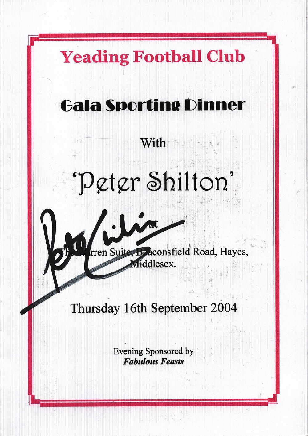 Lot 291: Peter Shilton signed Gala Sporting Dinner Menu Thursday...