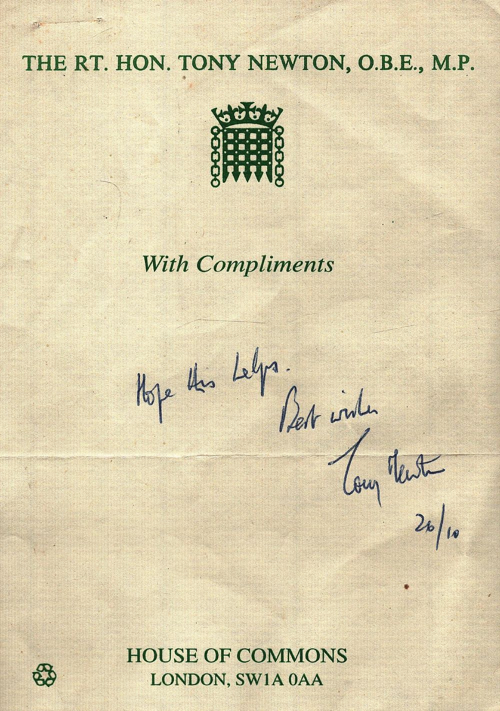 Lot 296: Tony Newton, The RT. Hon. MP signed with...