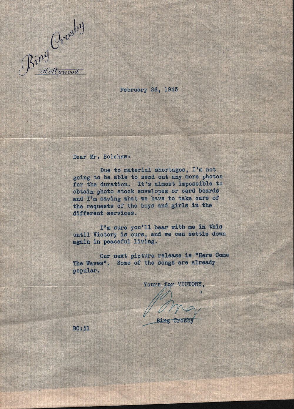 Lot 298: Bing Crosby TLS correspondence Letter dated 26 February...