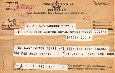 Frederick Ashton telegram sent by Carl Toms (Stage Designer) dated 24 July 1970.