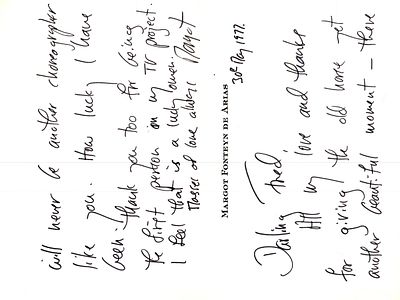 Margot Fonteyn note on card to Frederick Ashton inscribed "Thanks for Giving the Old Horse yet 