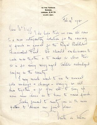 Ninette de Valois single page ALS regarding funding for the Royal Ballet dated Feb 19th, 1980.
