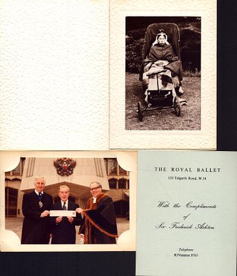 Frederick Ashton two photos one dressed as Queen Victoria with compliment slip from Ashton.
