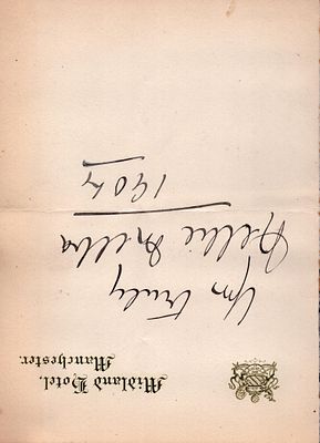 Nellie Melba Australian Singer signed Card dated 1904. Signed on Midland Hotel Manchester 