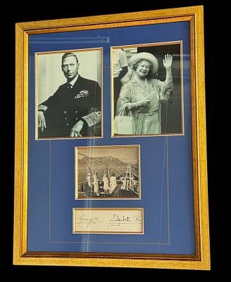 King George VI and Queen Elizabeth signature pieces with 2 black and white photos one of King 