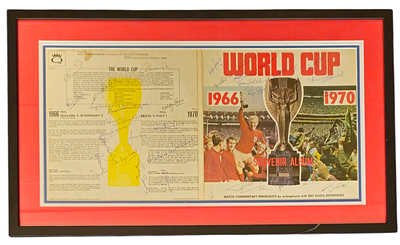 World Cup 1966/1970 33rpm record cover multi signed. Signed by 30. Amongst signatures are Bobby 