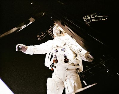 Apollo 9 Astronaut Russell Schweickart signed 20x16 inch colour photo spacewalk 1969.