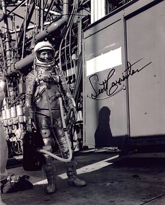 Aurora 7 Astronaut Scott Carpenter signed 10x8 inch black and wite photo standing by launch 