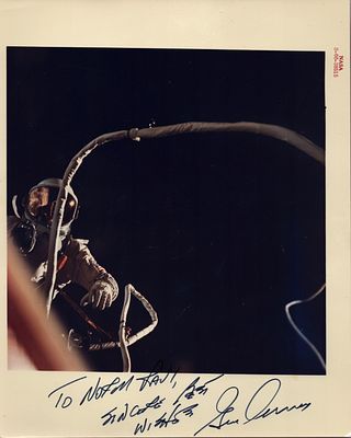 Gemini 9A Astronaut Gene Cernan signed 10x8 inch colour photo of a spacewalk 1966.