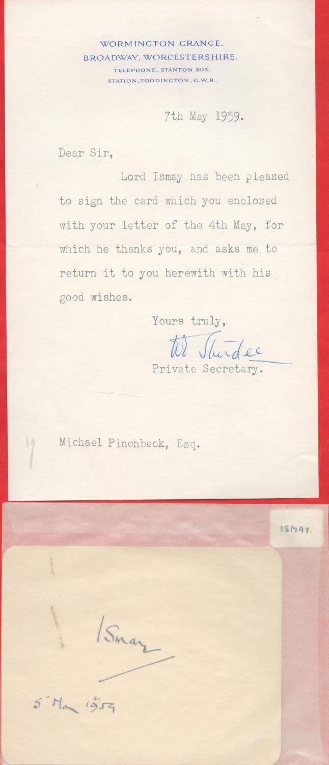 Lot 96: Lord Ismay signed 5x4 white card dated 5th...