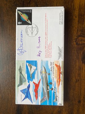 RAF Flown James Gordon Harrison and Roy Ewans signed 50th Ann AVRO 707 1st Flight 04/09/1949 