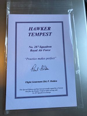 WW2 Flt Lt Sir P Holden 287 sqn signed scarce Hawker Tempest Biography Card. 7 x 5 inch limited 