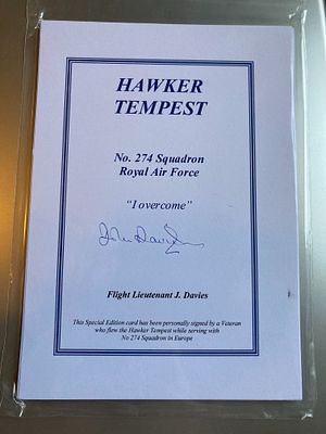WW2 Flt Lt J Davies 274 sqn signed scarce Hawker Tempest Biography Card. 7 x 5 inch limited 