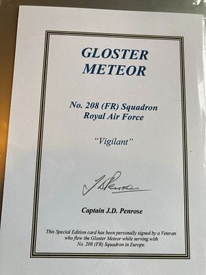 RAF Capt J D Penrose 208 (FR) sqn Gloster Meteor Biography Card. 7 x 5 inch limited edition 