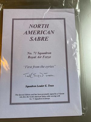 WW2 P40 P51 pilot Sqn Ldr Ted Trees signed 71 sqn North American Sabre Biography Card. Joining 