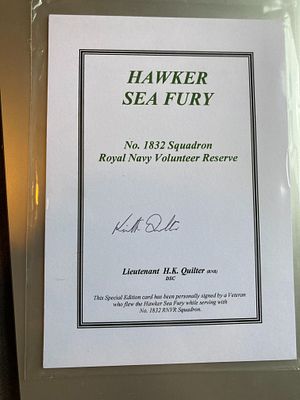 WW2 Tirpitz Lt Keith Quilter signed Hawker Sea Fury1832 sqn Biography Card. 7 x 5 inch limited 