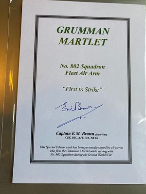 WW2 Capt Eric Winkle Brown DFC AFC signed scarce Grumman Martlet 802 sqn Biography Card. 7 x 5 