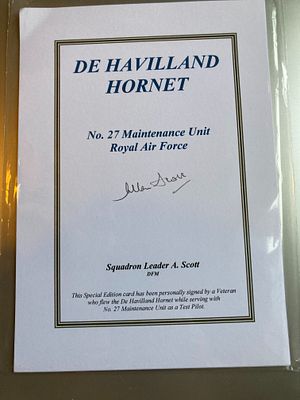 WW2 Battle of Britain Sqn Ldr Allan Scott DFM 27 sqn signed De Havilland Hornet Biography Card. 