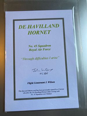 RAF pilot Flt Lt J Wilson 45sqn signed De Havilland Hornet Bookplate biography card. Single 