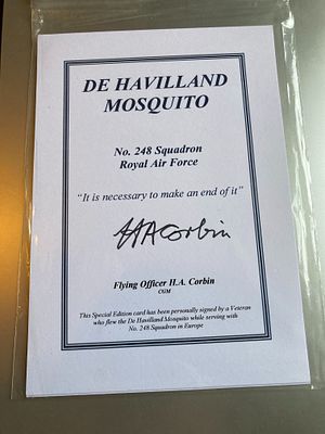 WW2 Banff wing Flt Lt H A Corbin CGM 248 sqn signed De Havilland Mosquito Bookplate biography 