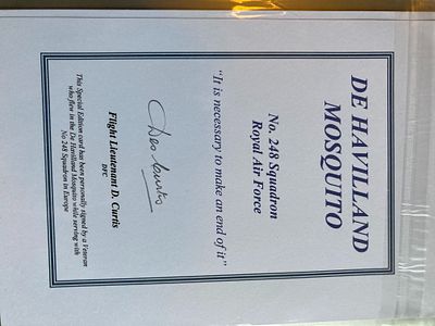 WW2 Flt Lt Des Curtis DFC 248 sqn signed De Havilland Mosquito Bookplate biography card. Flight 