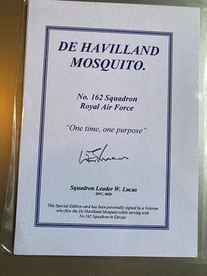 WW2 81 missions Sqn Ldr W Lucas DFC MID sqn signed De Havilland Mosquito Bookplate biography 