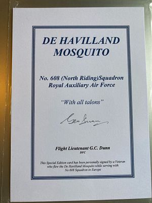 WW2 Flt Lt G Dunn DFC 608 sqn signed De Havilland Mosquito Bookplate biography card. George 