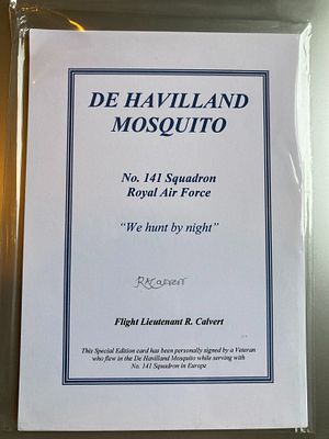 WW2 Flt Lt R Calvert 141 sqn RAF signed De Havilland Mosquito Bookplate biography card. Single 
