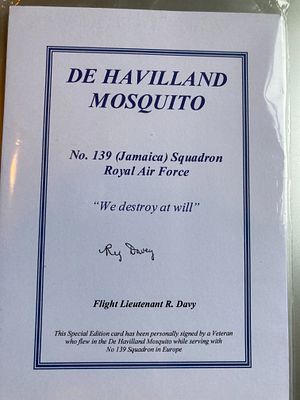 WW2 Flt Lt R Davy 139 sqn signed De Havilland Mosquito Bookplate biography card. Single Vendor 
