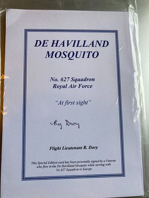 WW2 Flt Lt R Davy 627 sqn signed De Havilland Mosquito Bookplate biography card. Single Vendor 