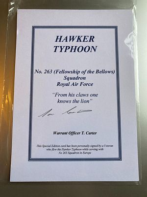 WW2 W/O T Carter 263 sqn signed Hawker Typhoon Bookplate biography card. Having joined the RAF 