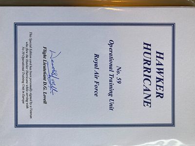 WW2 RAF pilot Flt Lt D G Lovell 59 sqn signed Hawker Hurricane Bookplate. 7 x 5 inch limited 