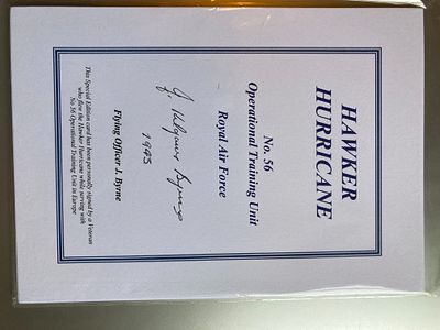 WW2 RAF pilot John K Byrne 56 sqn signed Hawker Hurricane Bookplate. 7 x 5 inch limited edition 