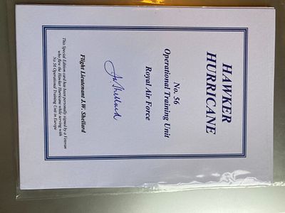 WW2 RAF pilot Flt Lt J W Shellard 56 sqn signed Hawker Hurricane Bookplate.. 7 x 5 inch limited 