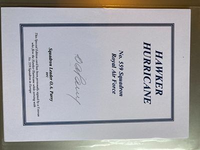 WW2 RAF pilot Sqn Ldr O Parry DFC 559 sqn signed Hawker Hurricane Bookplate. 7 x 5 inch limited 
