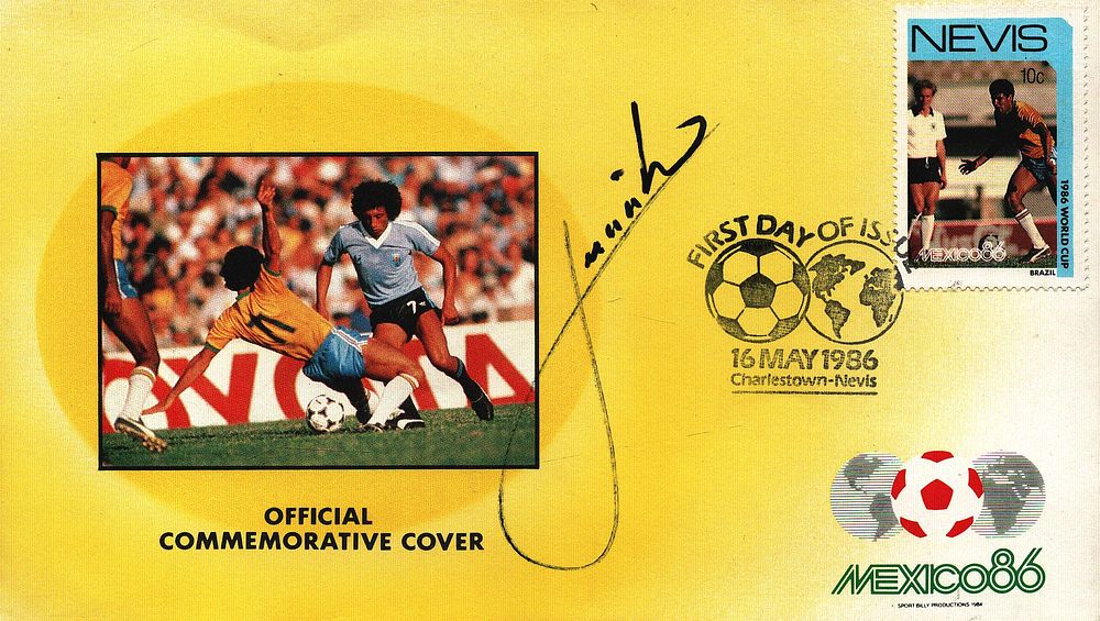 Lot 160: Juninho signed FDC. Mexico 86. Single stamp plus...