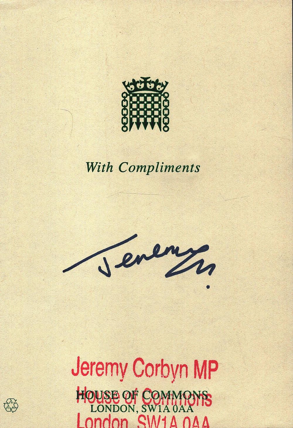 Lot 180: Jeremy Corbyn MP signed with Compliments slip.