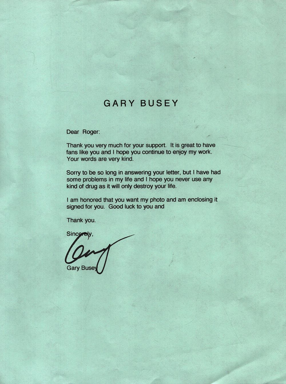 Lot 276: Gary Busey TLS Thank you letter. Header Letter...