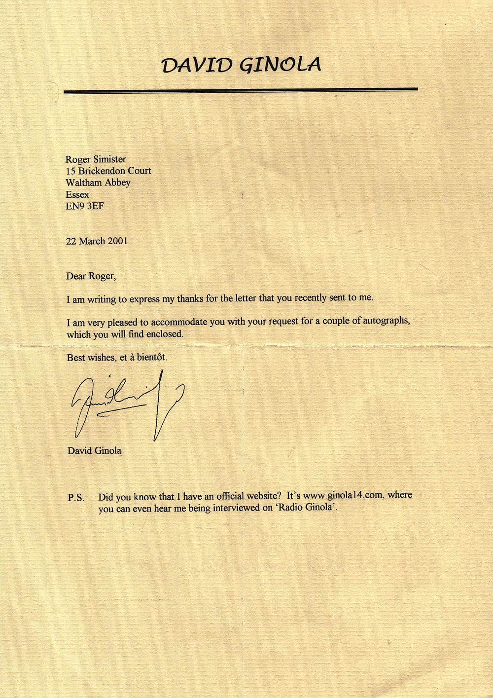 Lot 278: David Ginola TLS thanks letter dated 22 March...