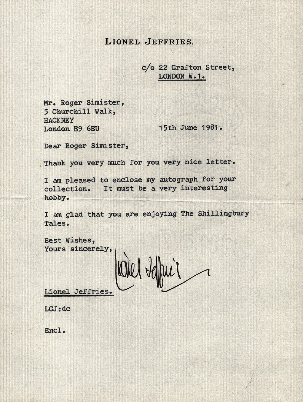 Lot 279: Lionel Jeffries TLS Thank you letter dated 15th...