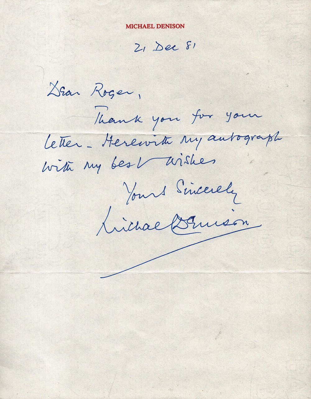Lot 281: Michael Denison handwritten letter dated 21 Dec 81....
