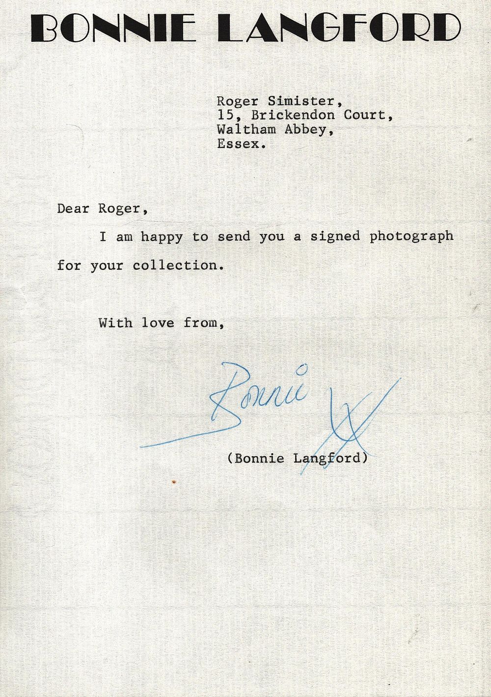 Lot 283: Bonnie Langford TLS correspondence letter. Headed Letter 8x6...