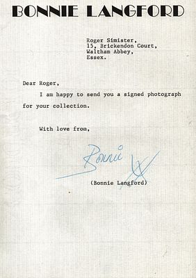 Bonnie Langford TLS correspondence letter. Headed Letter 8x6 inch Approx.