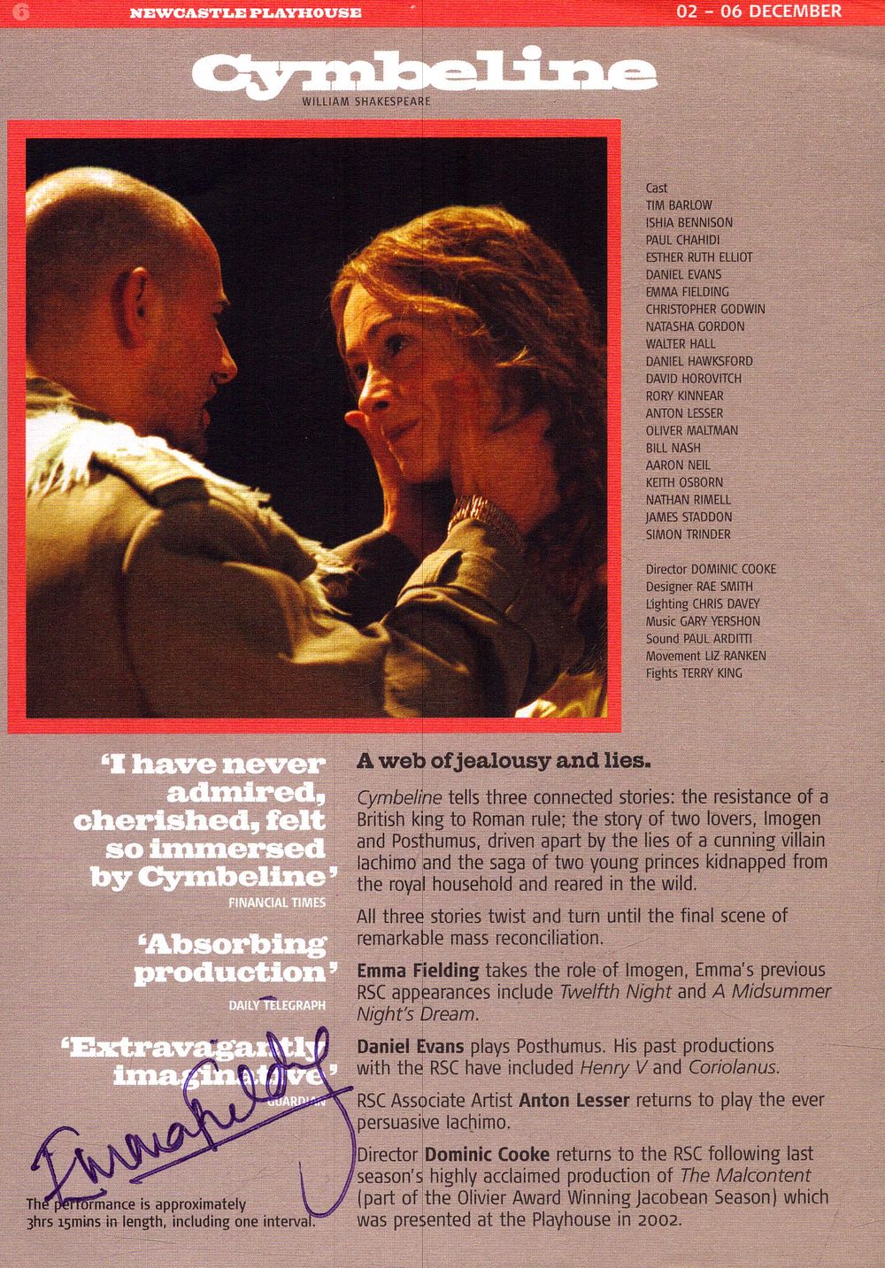 Lot 329: Emma Fielding signed Cymbeline William Shakespeare theatre flyer.