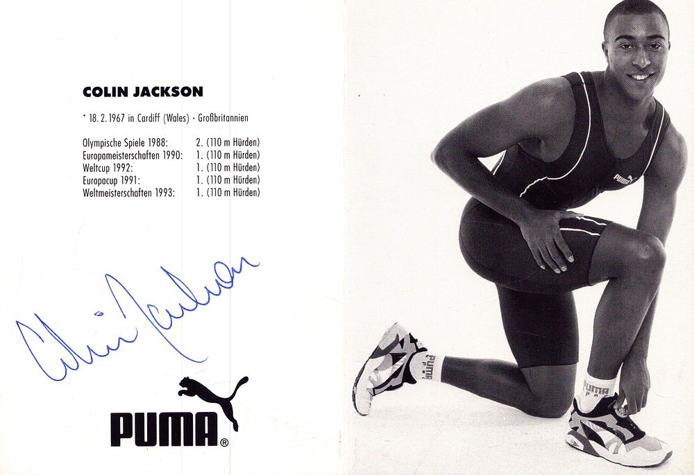 Lot 392: Colin Jackson signed Puma Card.