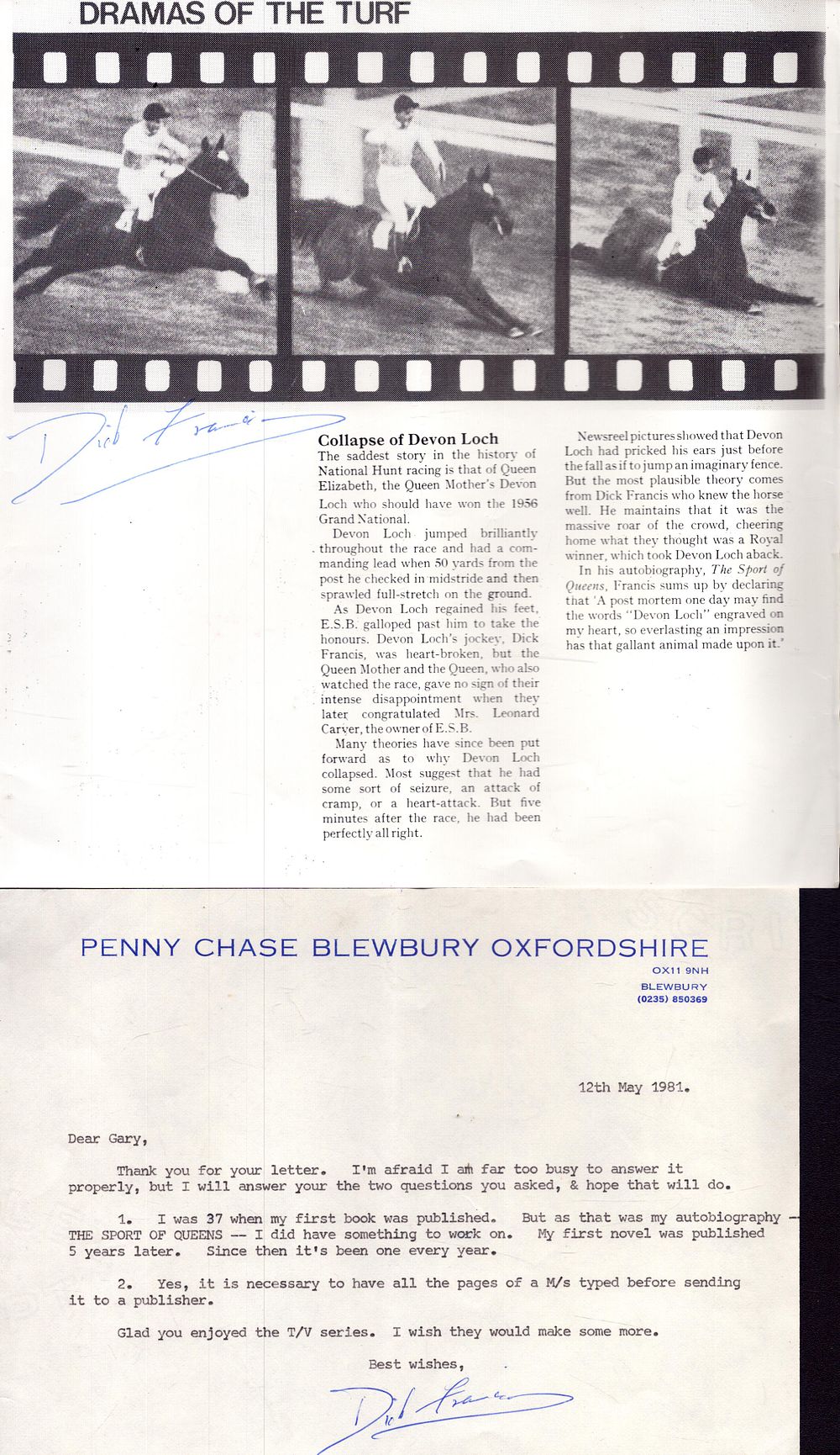 Lot 399: Dick Francis signed letter of correspondence and information...