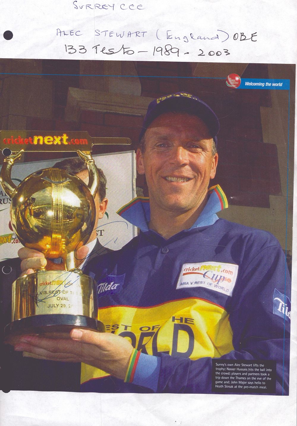 Lot 400: Alec Stewart signed magazine cut out of him.
