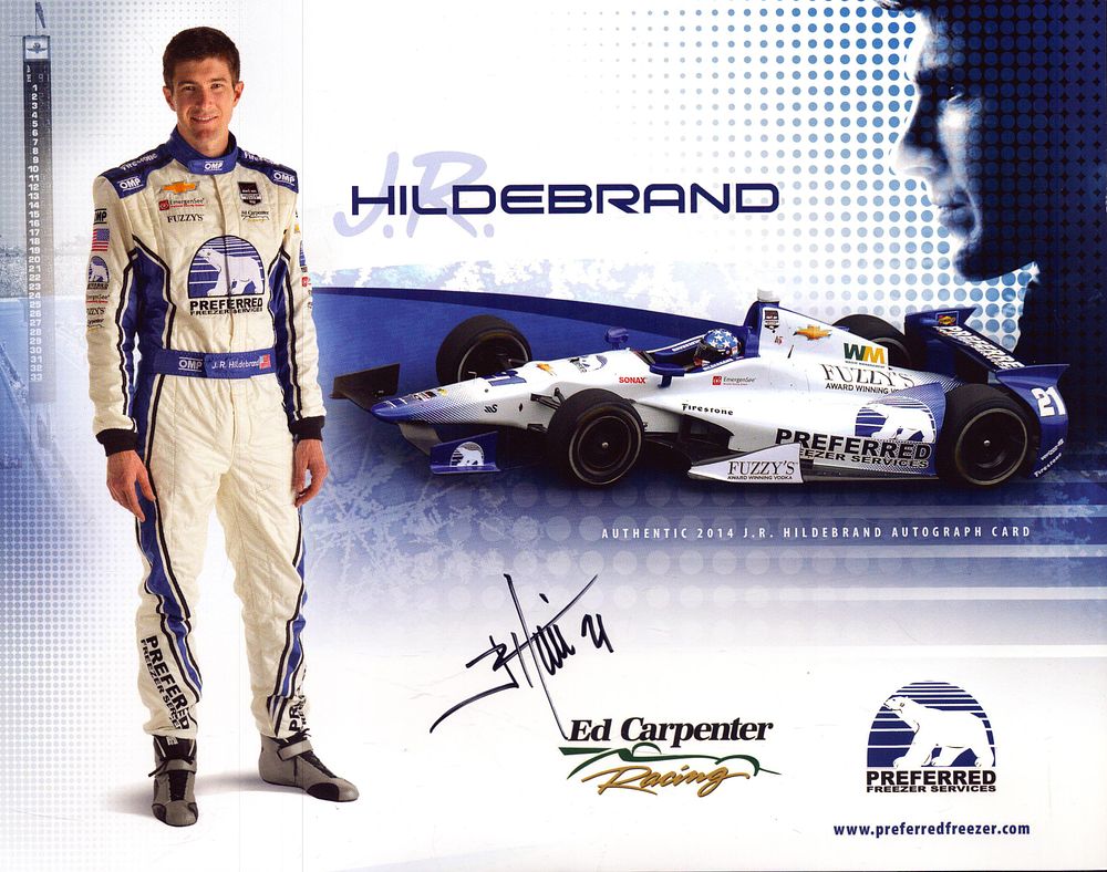 Lot 418: J.R. Hildebrand signed Ed Carpenter racing promo card.