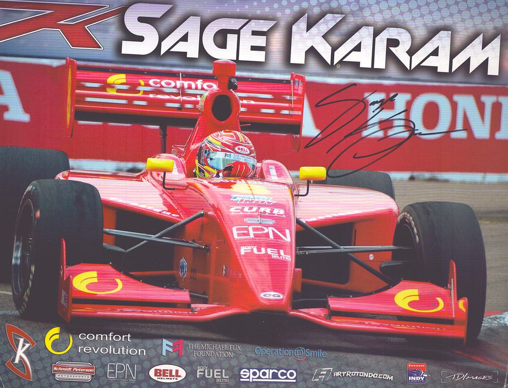 Lot 426: Sage Karam signed motorsports racing promo card.