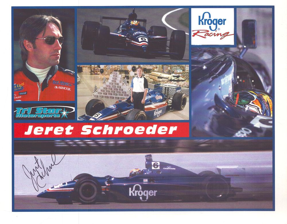Lot 442: Jeret Schroeder signed Kroger Racing promo card.
